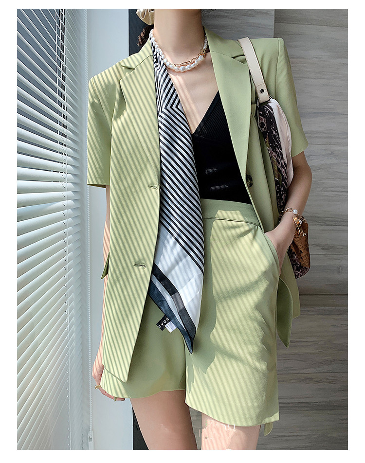 Wonder Shorts Suits Elegant Scarf Short Sleeve Notched Blazer Jacket+Pocket Mini Two Pieces OL Sets 210510