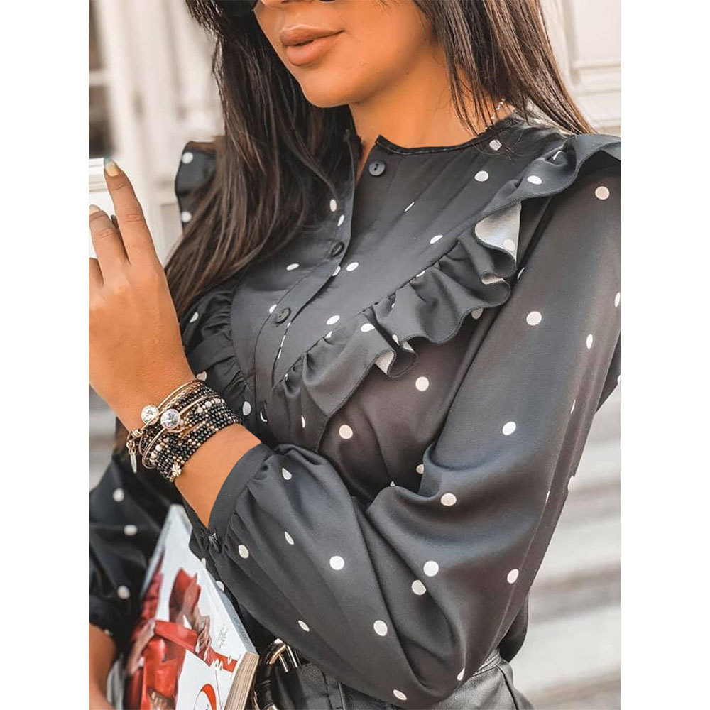 Jocoo Jolee Elegant Ruffle Polka Dot Print Blouse Women O-neck Long Sleeve Shirt Female Spring Summer Casual Shirt Lady Clothing 210317