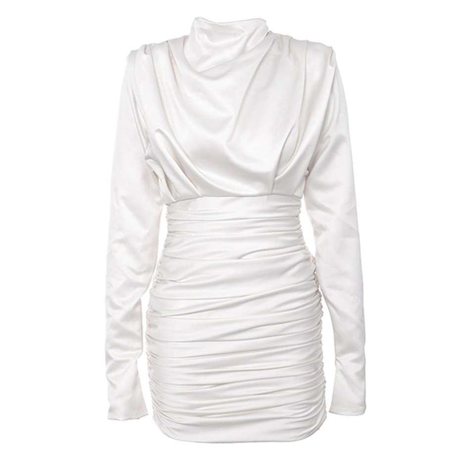 Free White Long Sleeve Sexy Satin Mini Dress O-Neck Zipper Boycon Solid Pleated Celebrity Christmas Party Vestido 210524