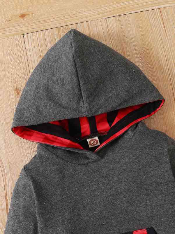 Baby Contrast Plaid Kangaroo Pocket High Low Hem Hoodie & Sweatpants SHE