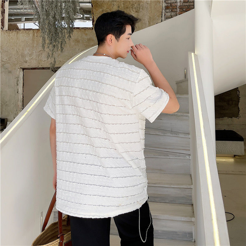 IEFB Korean Hollow Out Fabric Short Sleeve Men's Black White T-shirt Loose Casual Round Collar Trend Tee Tops Summer 9Y7280 210524