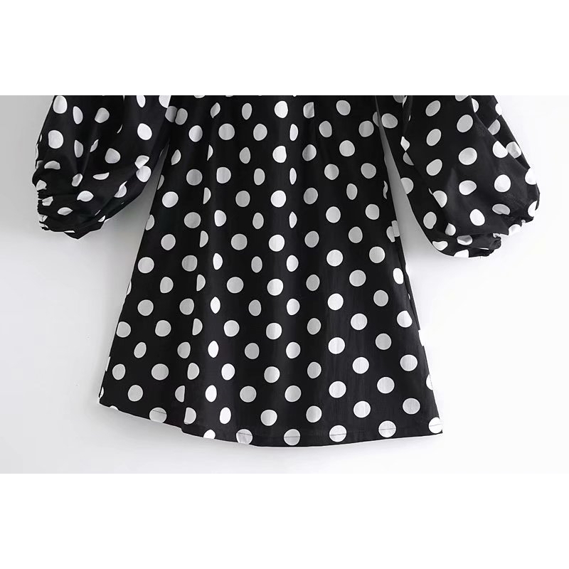 Elegant Women Bow Cross Dress Fashion Ladies V-Neck Dot Vestidos Sweet Female Chic Puff Sleeve A-line Mini Dresses 210430