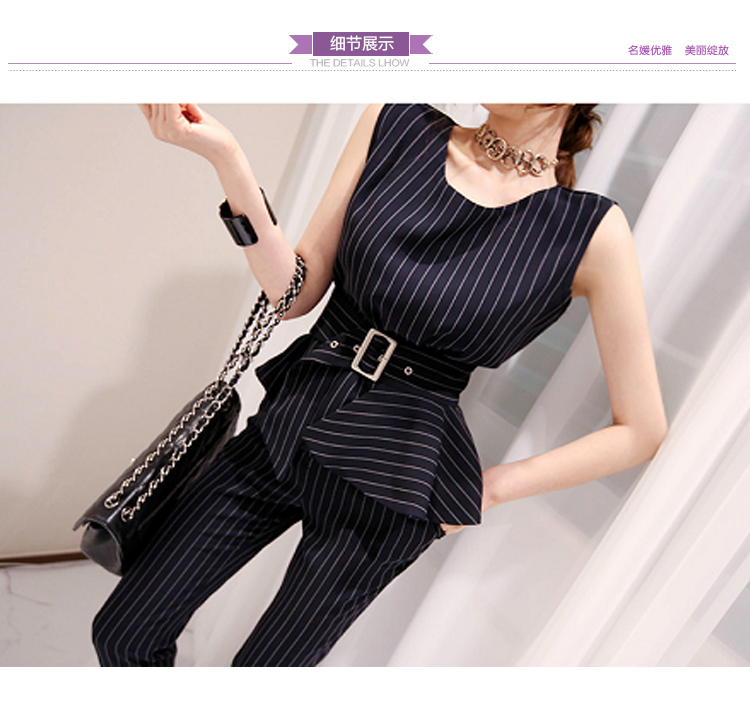 2 Piece Set Women Suit Summer Blue stripe elegant Belt Sleeveless O-Neck Blouse Tops and slim OL Pants 210519