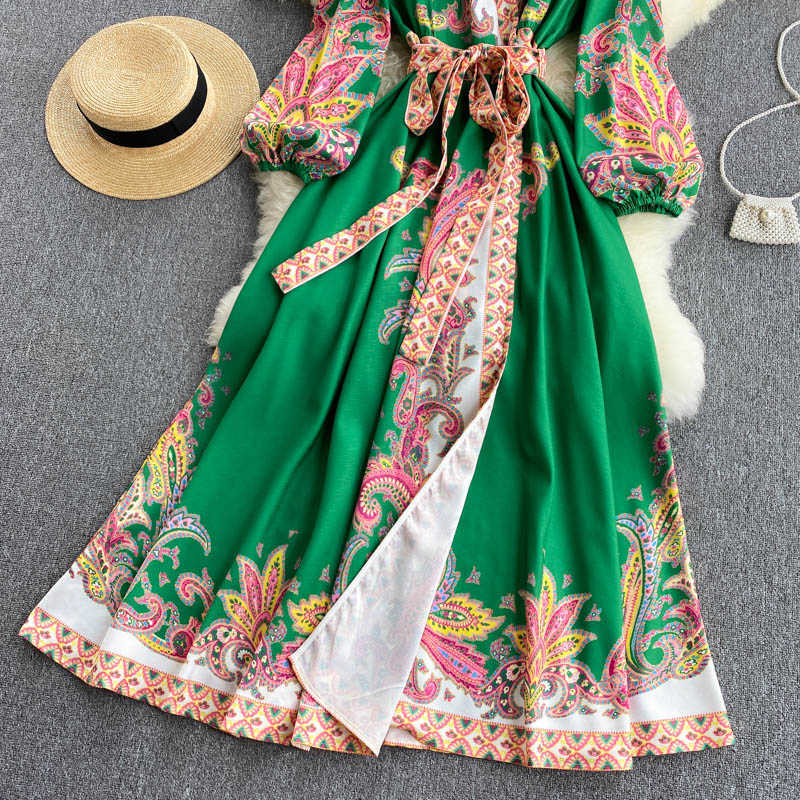 DEAT Women Printing Belt Dress V- Neck Long Puff Sleeve Arrivals Lady Temperament Fashion Spring Summer 11D554 210709