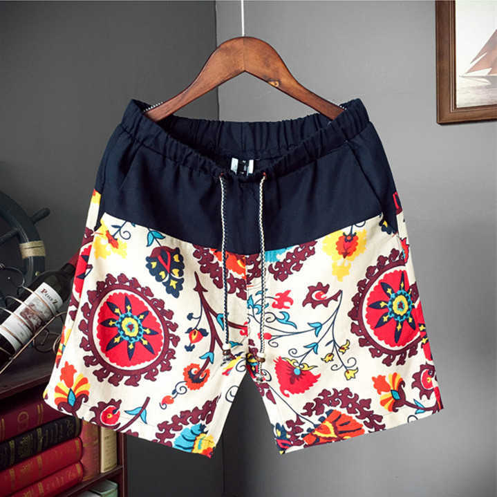 Men and women models leisure shorts fashion cotton linen stitching summer br beaded flowers printed beach 210714