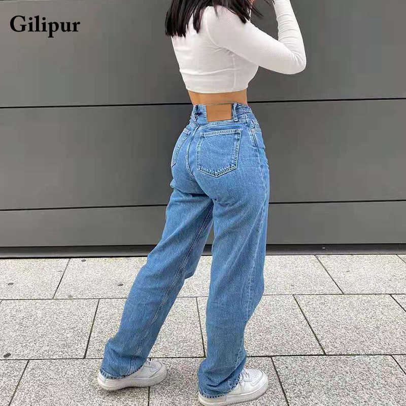Jeans Women Fashion Mom Straight Leg Pants Washed Blue Casual Long Denim Trousers High Waist Streetwear 210922