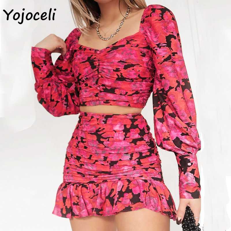 Yojoceli puff sleeve flroal print dres square neck ruffle two pieces set party club 210609