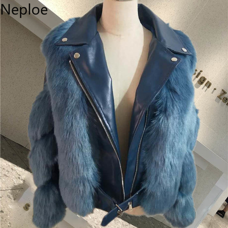 Neploe Autumn Winter Clothes Woman Jacket Faux Fox Fur Patchwork PU Coat Women Streetwear Korean Fashion Short Tops 94482 210422