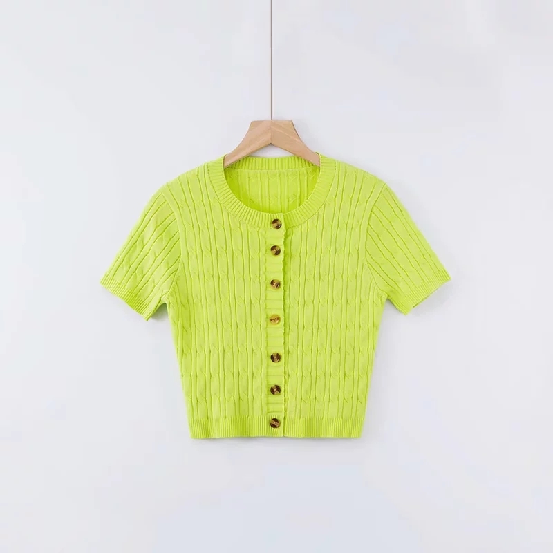vintage green knitted t shirt women sexy crop top streetwear button short sleeve tshirt korean clothes 210521