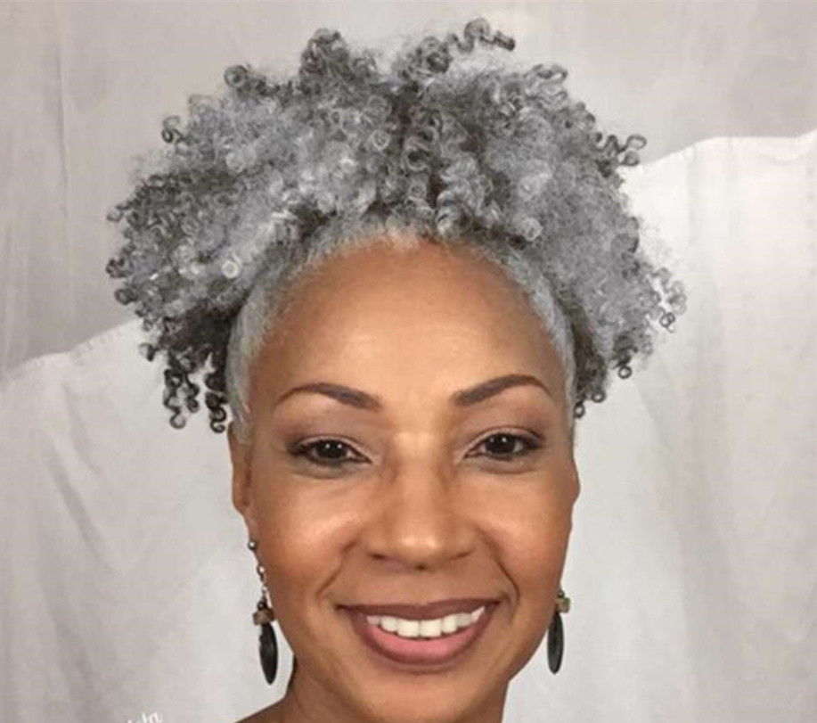 Naturally short grey kinky curly brazilian ponytail puff updo 100 human hair gray women hairs extension silver salt and pepper drawstring hairpiece