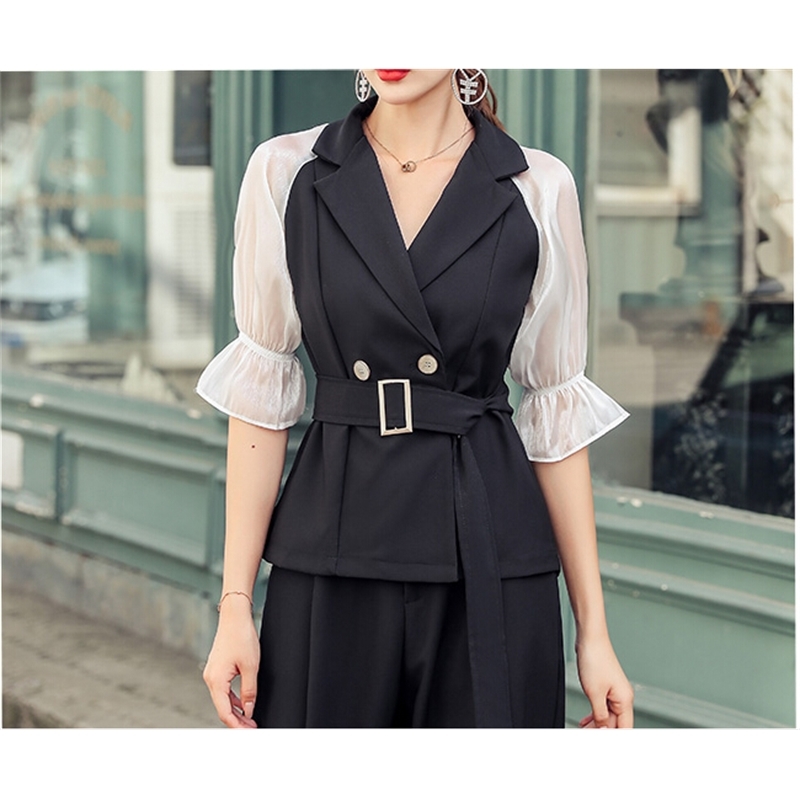 Autumn pant suits Women OL temperament Turn-Down Collar Double breasted Coat + High waist straight pants two-piece women 210520