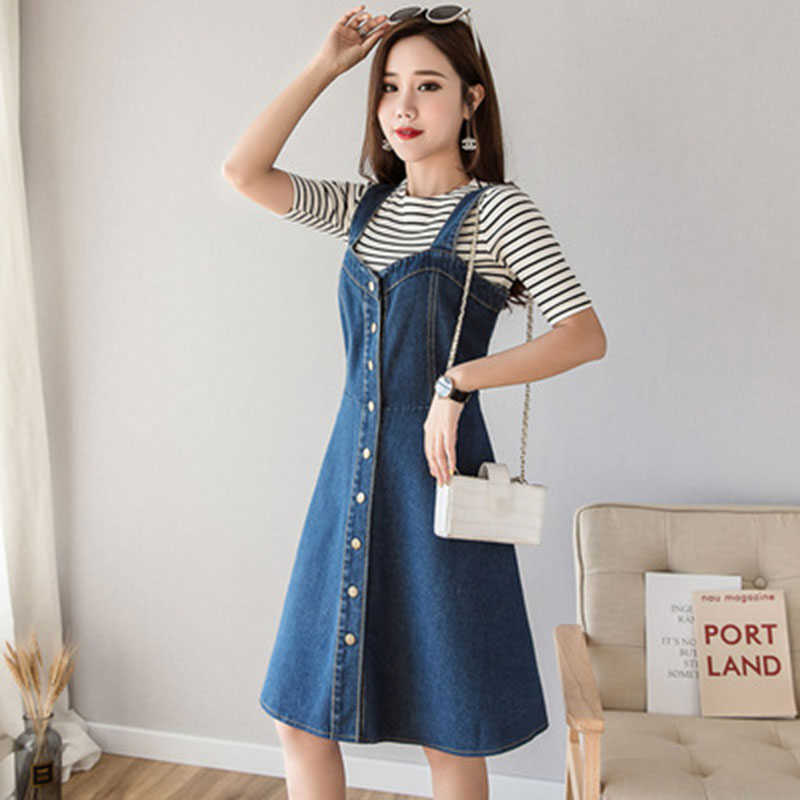 Trendy A-Line Single Breasted Short Denim Dress Summer Preppy Style Sundress Wide Strap Tank Jean Plus Size Vestido 210604