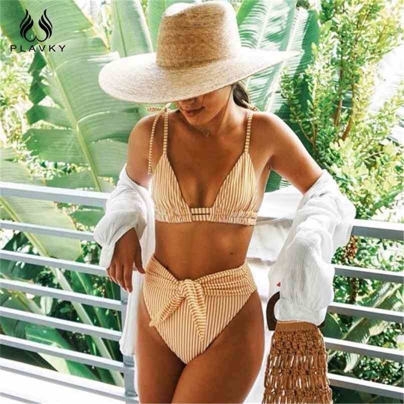 PLAVKY Sexy High Waist Belt Bikini Set Yellow Stripe Swimsuit Tie Front Women Swimwear Female Beach Wear Swim Bathing Suit 210625
