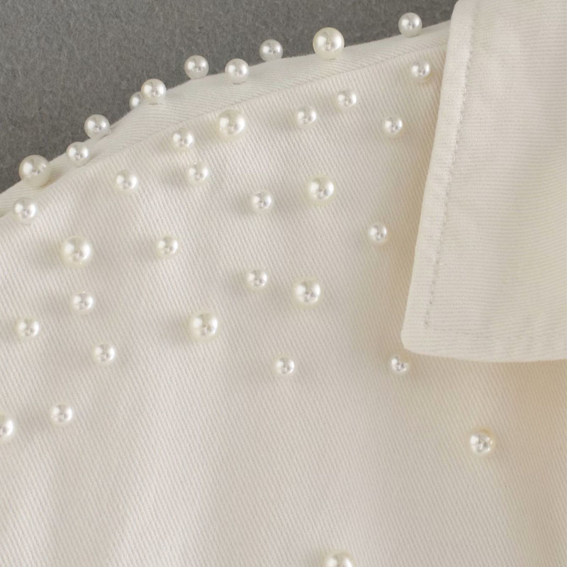 Pearl-embellished Single-breasted Double-pocket Long-sleeved Cotton Chic Women's Jacket Lapel Tooling Beaded Female Coat Tops 210507