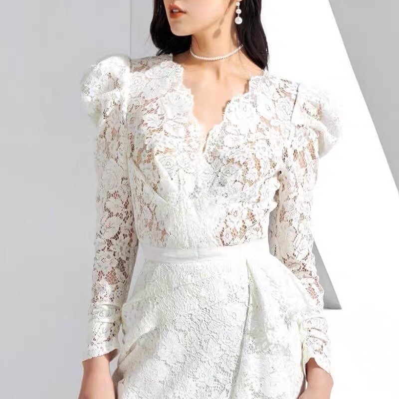 Elegant white Lace Dress For Women Sexy V-Neck Sleeveless High Waist Ruffle split Dresses Summer Chic Lady de fiesta 210421