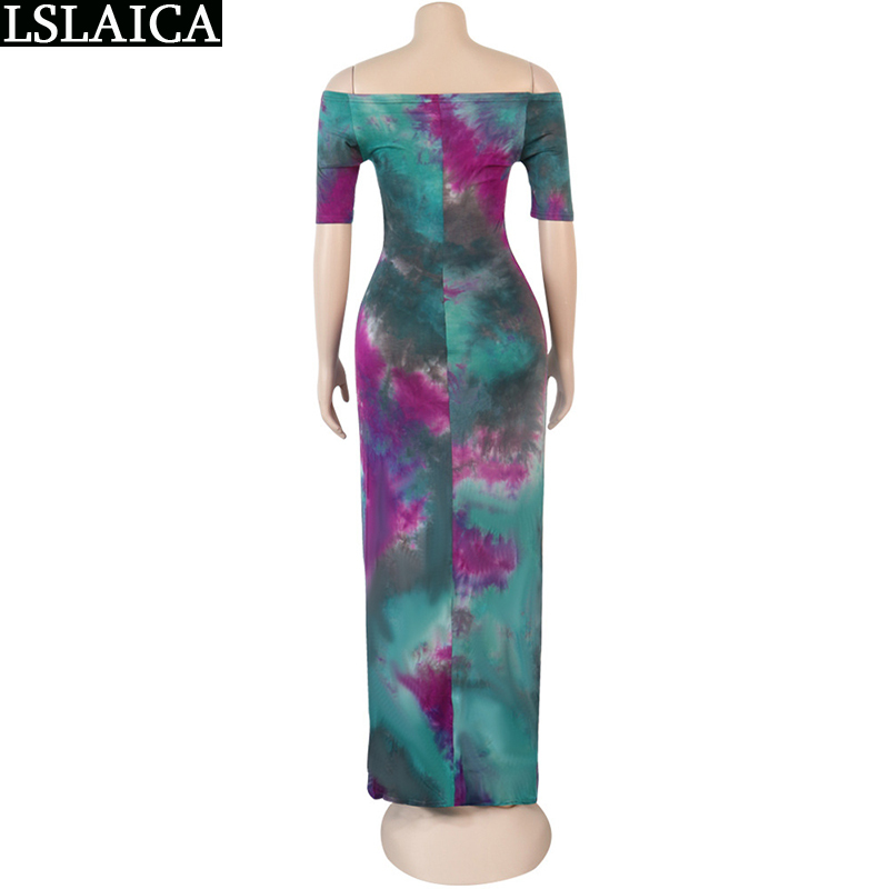Women dress short sleeve Slash neck Tie-dye print loose casual long hem split elegant wild evening party club female 210515