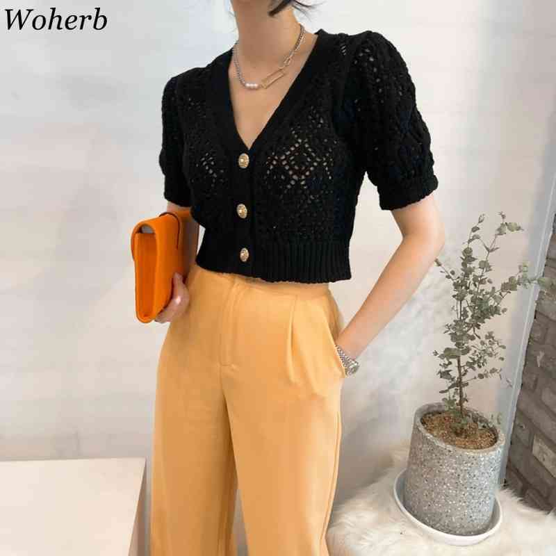 Chic Casual Retro V Neck Short Puff Sleeve Cropped Cardigan Women Hollow Coat Slim Knitted Sweater Tops Pull Femme 210519