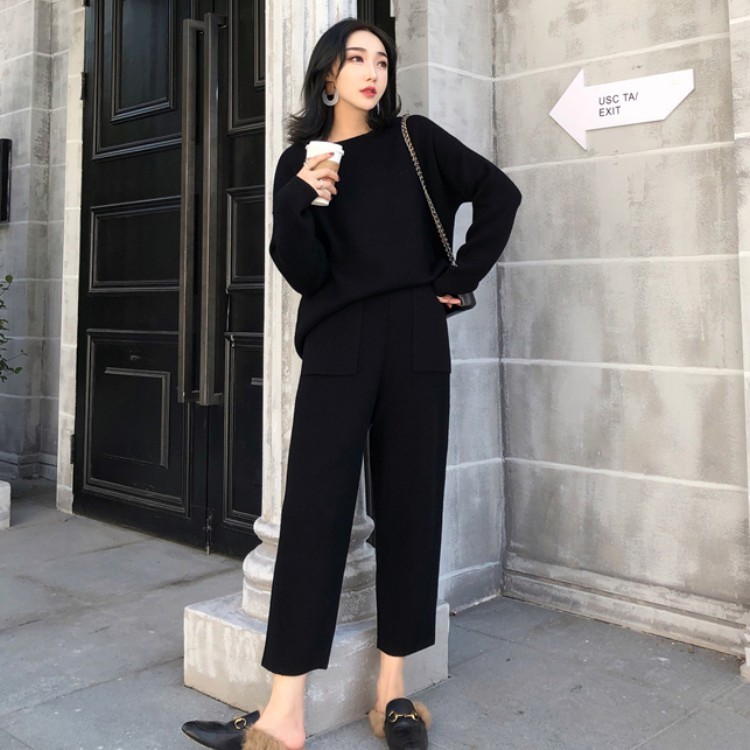 Knitted 2 pieces Set Tracksuits Women Autumn Winter Thick Warm O-neck Loose Sweater+Ankle-Length Pants Cashmere Suit 210519