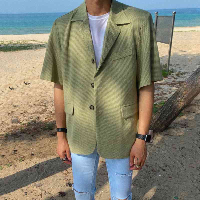 IEFB Casual Short Sleeve Suit Coat For Men Korean Trend Green Blazer Summer Men's Clothing Casual Streetwear Notched Collar 210524
