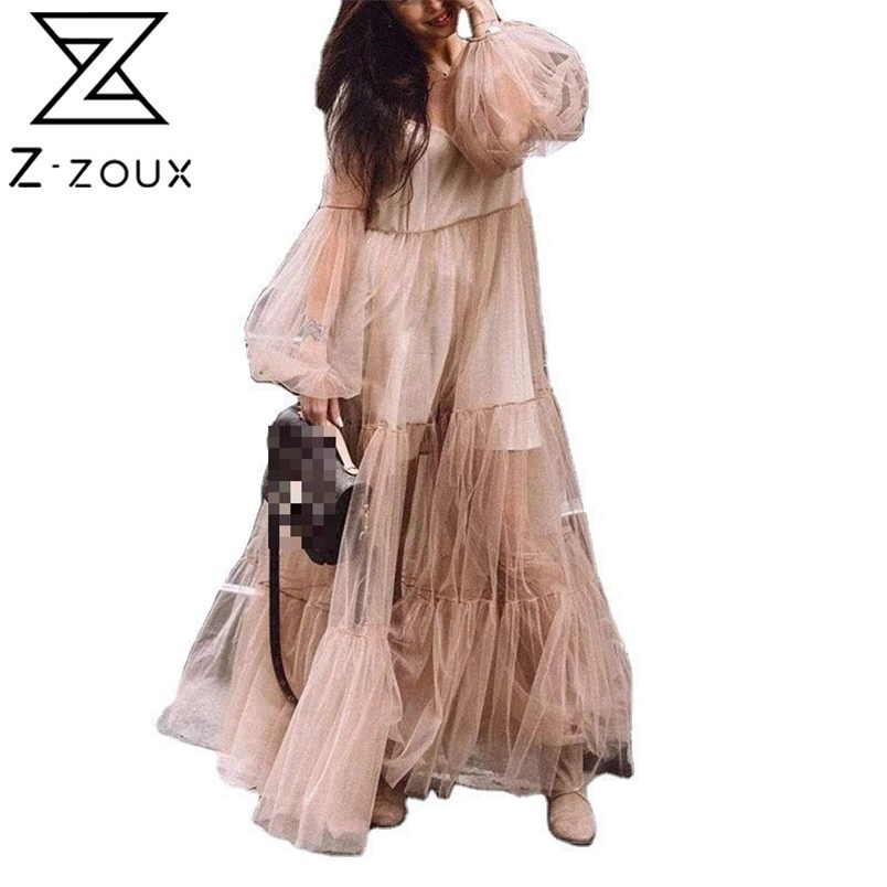 Women Dress Perspective Mesh Maxi es V Neck Puff Sleeve Loose Casual Large Hem Plus Size Ladies es 210513