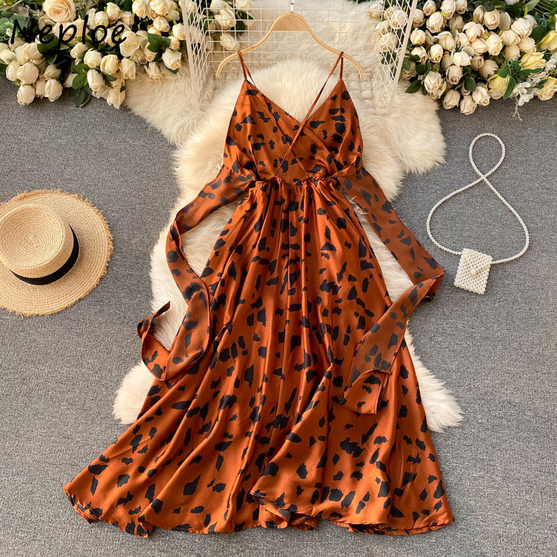 Neploe Vintage Print Holiday Long Dress Women High Waist Hip A Line Vestidos Summer Dresses V Neck Sleeveless Camis Robe 210422