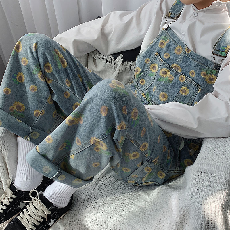 IEFB Little Daisy Printed Overalls Denim Trousers For Men And Women Loose Casual Jeans Jumpsuit Vintage Streetwear 210524