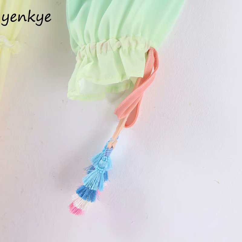 Summer Dress Women Gradient Multicolor Holiday Long Dress Romantic Lady Tassel Cuffs V Neck A-line Boho Beach Dress 210515