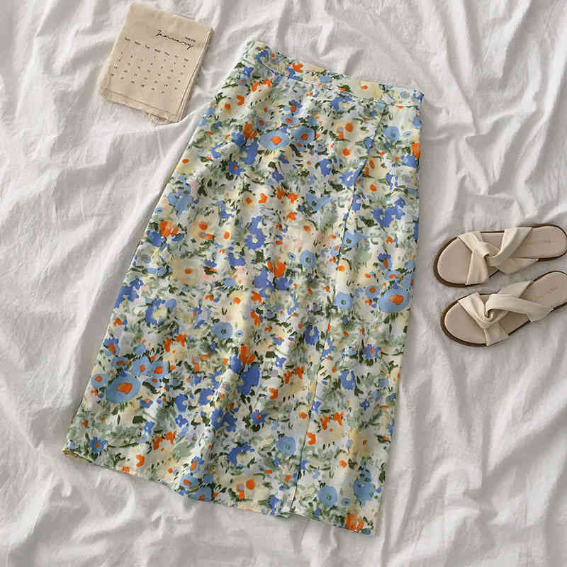 High Waist A-line Skirts Womens korean style Summer Autumn Vintage Midi Woman Print Floral Elegant Long Skirt 9945 210512
