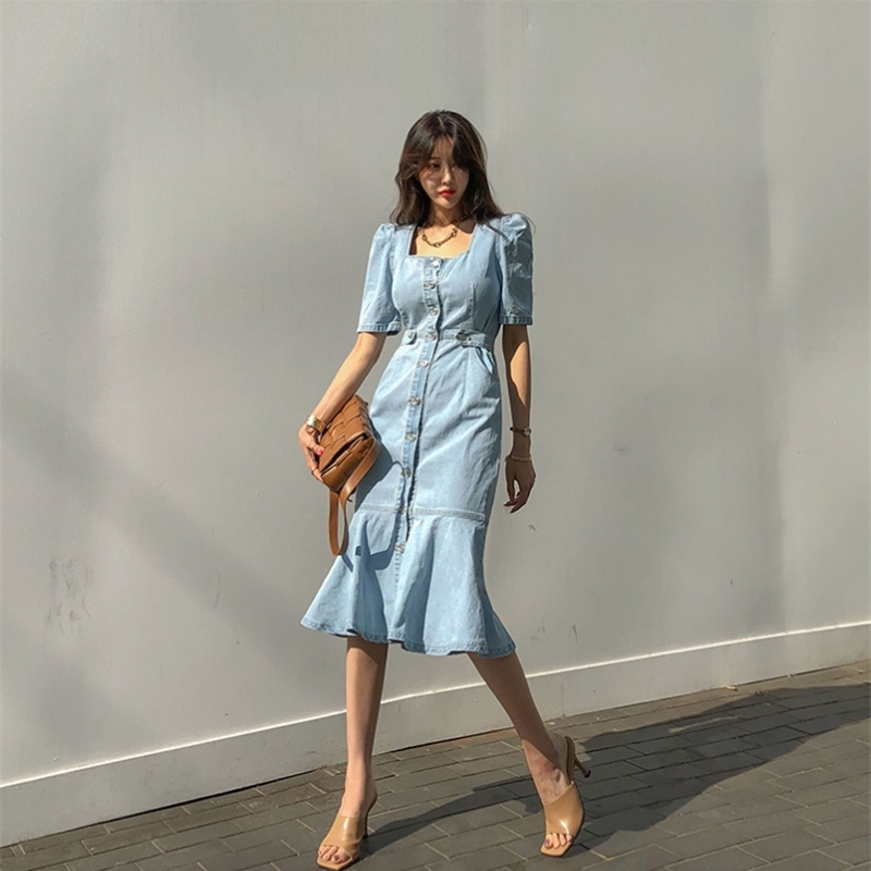 Women Denim Dress Summer Casual Vintage Office Chic Single-Breasted Sexy Split Street Fashion Long 210520