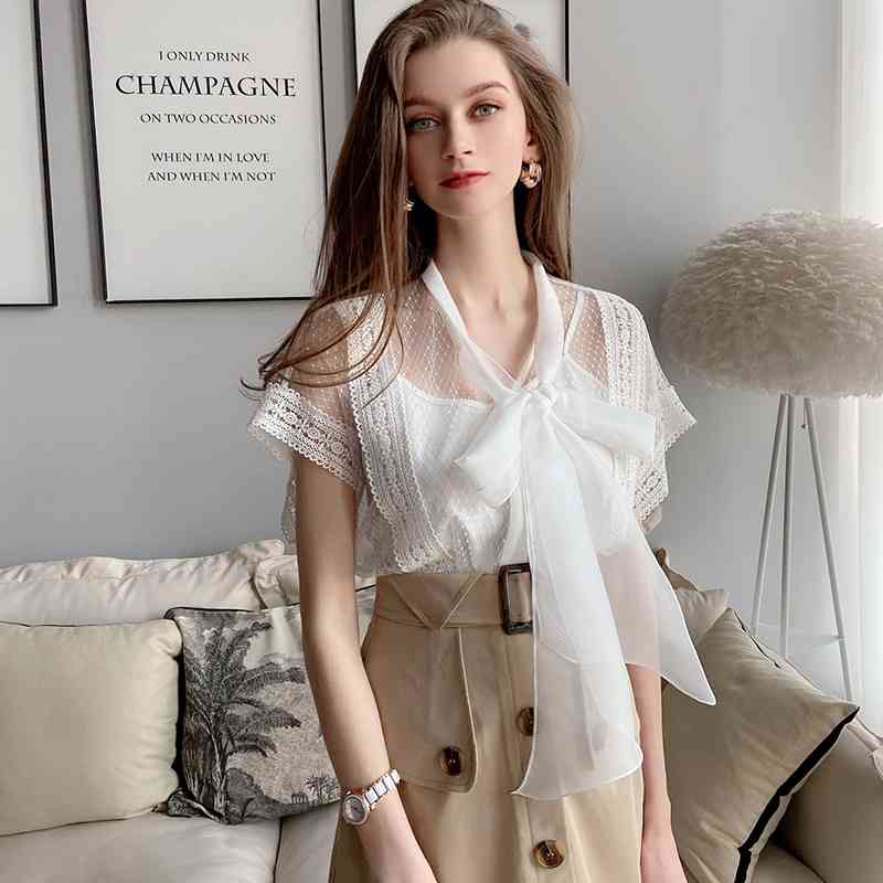 Dabuwawa Elegant White Tie Neck Mesh Sexy Blouse Shirt Women Bow Collar Short Sleeve Ladies Tops And Blouses DT1BST015 210520