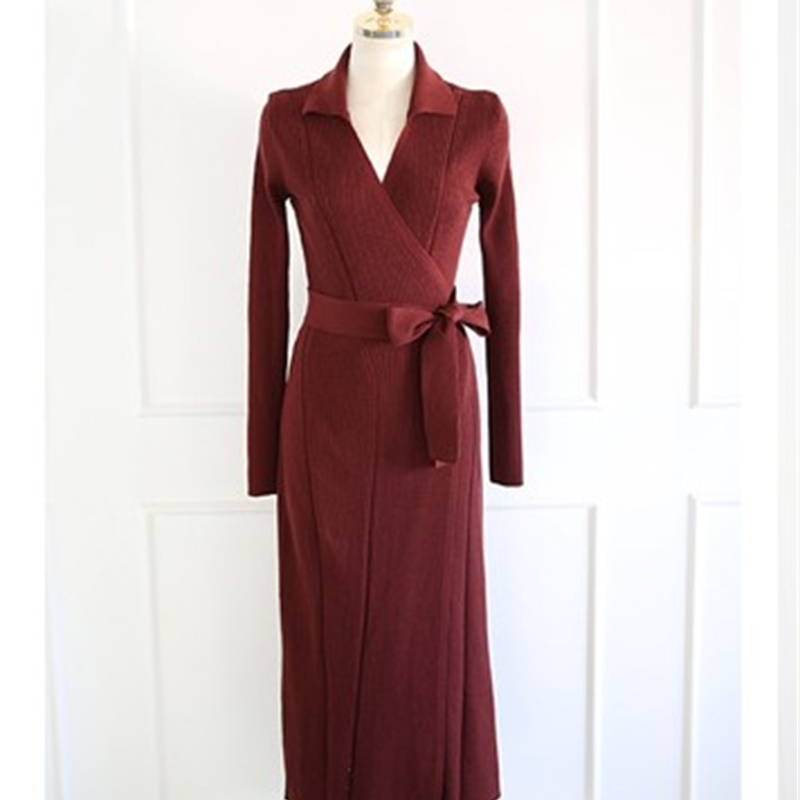 Women Knitted Sweater Dress Wrap Belted Tunic Midi Vestidos Long Sleeve Sexy V Neck Casual slim Knit 210519