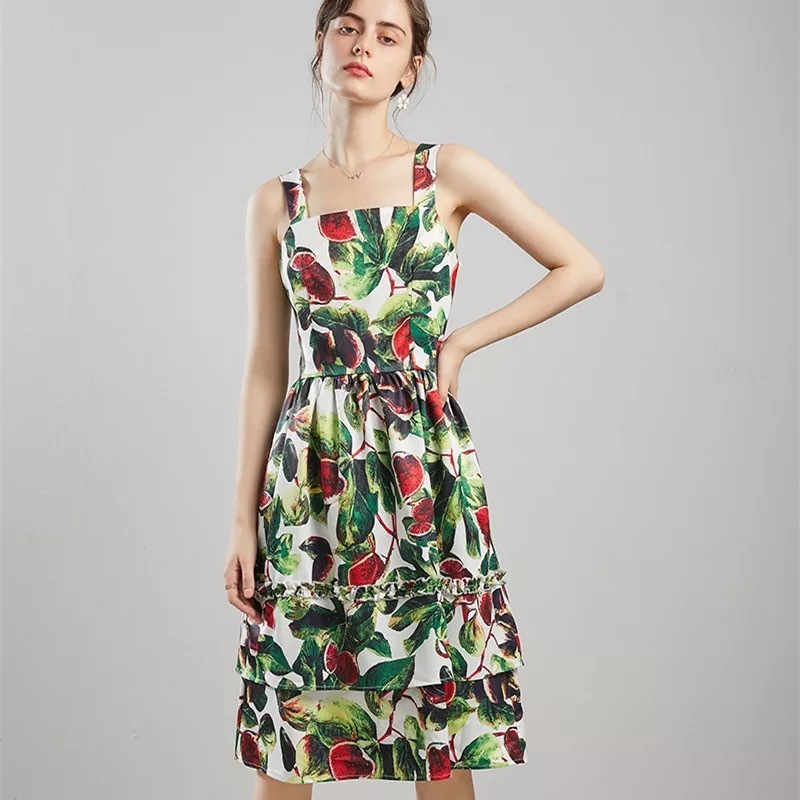 summer dress spaghetti green flower printed A-line ruched party beach boho dresses women casual vintage vestidos 210421