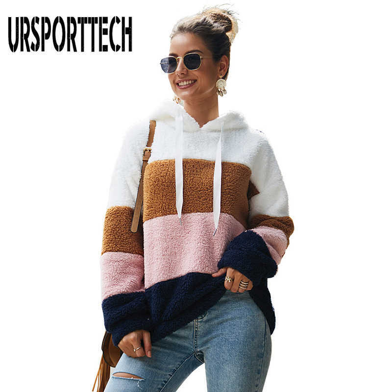 Fax Fur Hoodies Women Hooded Sweatshirt Striped Long Sleeve Autumn Pullover Ladies Thick Warm Teddy Hoodie Casual Streetwear 210528