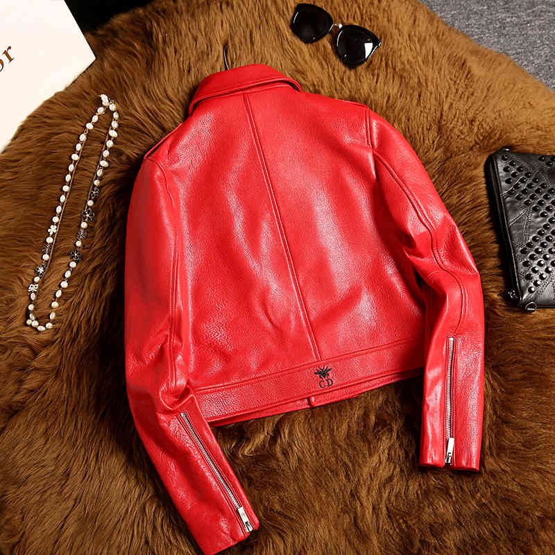 Exquisite women's autumn Korean version of the red PU lapel Slim female jacket Heather Long Sleeve Fashion Jacket coat 210507