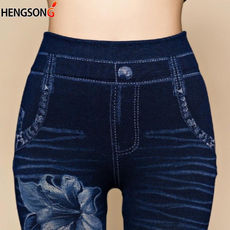 Plus Size Women Jeans Leggings Fashion High Waist Female Flowers Print Ankle-Length Pants Hollow Denim Leggins Women's