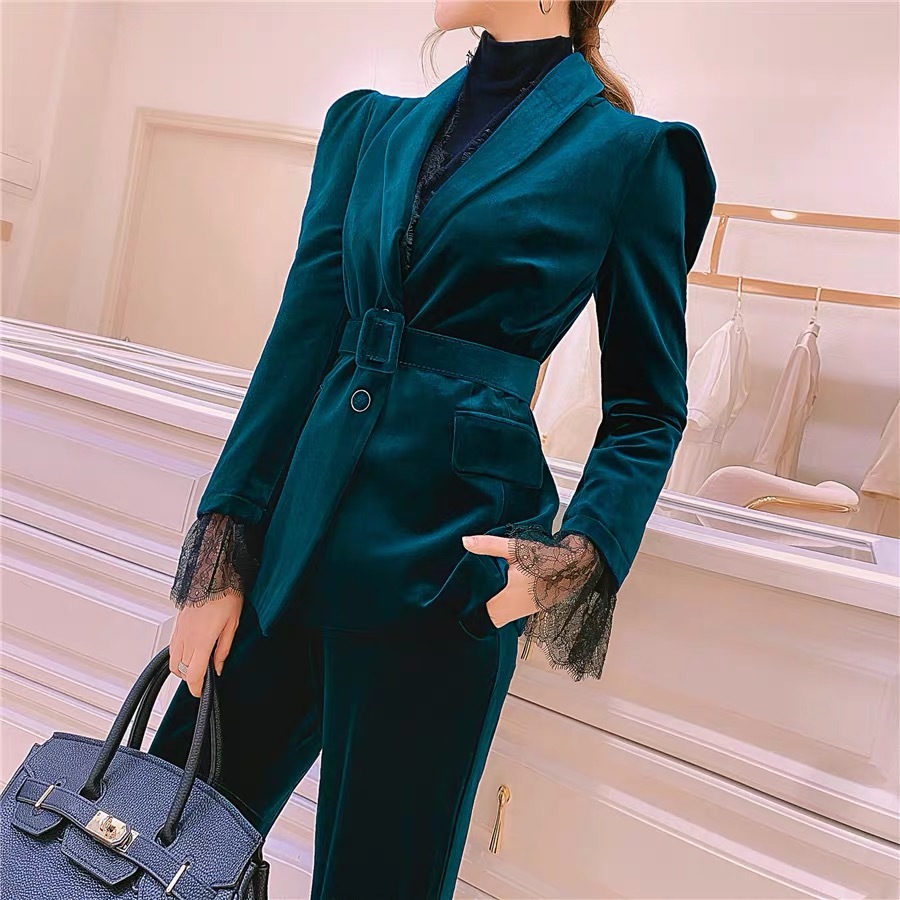 Two-pieces Set Elegant High-quality Women's Suit Long Pants Fashion Sleeve Ladies Jacket Casual Lace Velvet Flared 210421