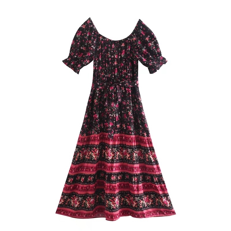 Bohemian Bandage Adjust Slash Collar Floral print Dress BOHO Holiday Woman Short Sleeve off Shoulder Long Dresses 210429