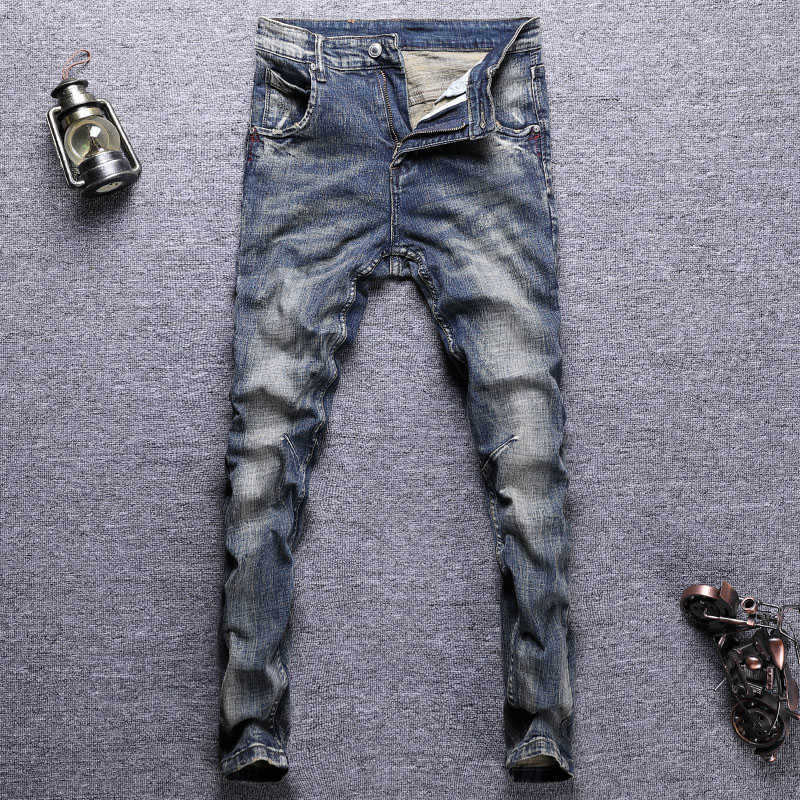 European Vintage Fashion Men Jeans Retro Dark Blue Elastic Slim Fit Ripped Distred Designer Casual Denim Pants CNCZ, Retro blue
European Vintage Fashion Men Jeans Retro Dark Blue Elastic Slim Fit Ripped Distred Designer Casual Denim Pants CNCZ, Retro blue