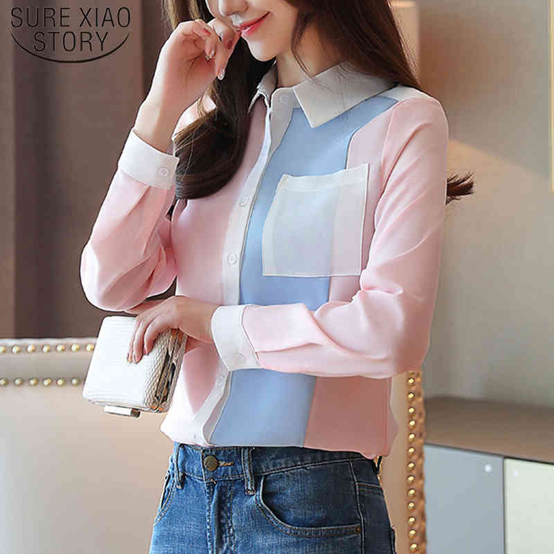 Autumn Fashion Women Chiffon Blouses Office Lady Shirts Long Sleeve Pocket Tops Casual Spliced Clothing 6196 50 210506