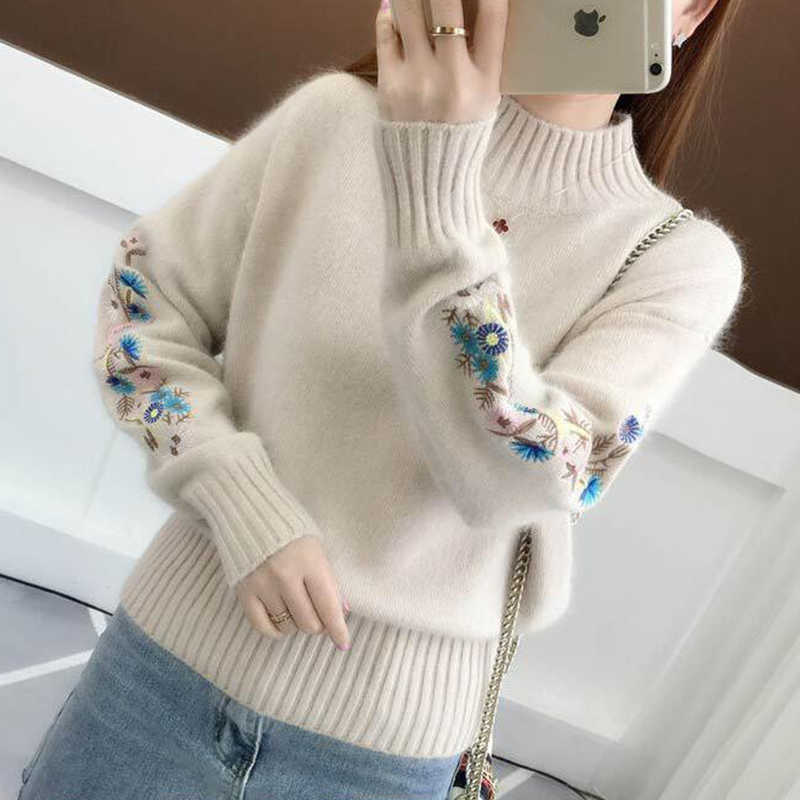 SURMIITRO Korean Women Turtleneck Autumn Winter Knitted Embroidery Jumper Women Sweaters And Pullovers Female Knitwear 210712wtt