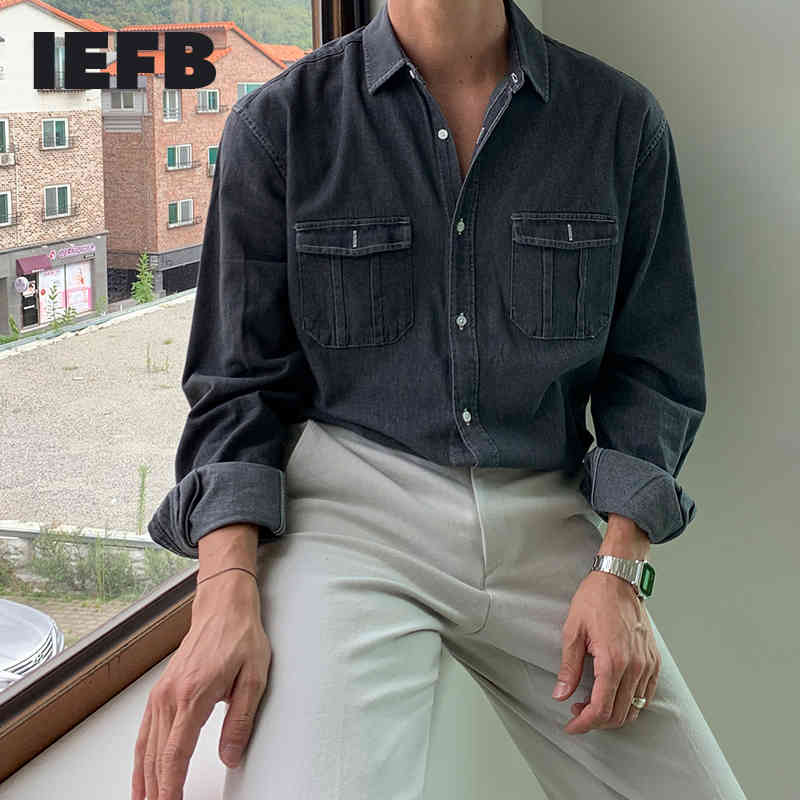 IEFB Spring Denim Shirt Men's Long Sleeve Korean Fashion Workwear Causal Shirts Loose Tops Double Pocket Single Breast Y5901 210524