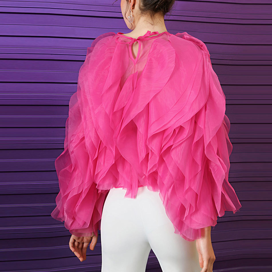 Free Autumn Women's Rose Red Mesh Top Sexy Round Neck Lantern Sleeve Loose Irregular Laminated Petal Party 210524