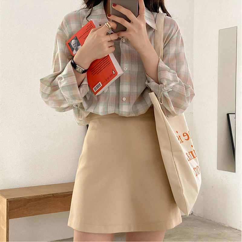 7Colors spring autumn women's blouse Korean style Basic Plaid shirt women outwear Long sleeve tops(X1812 210423