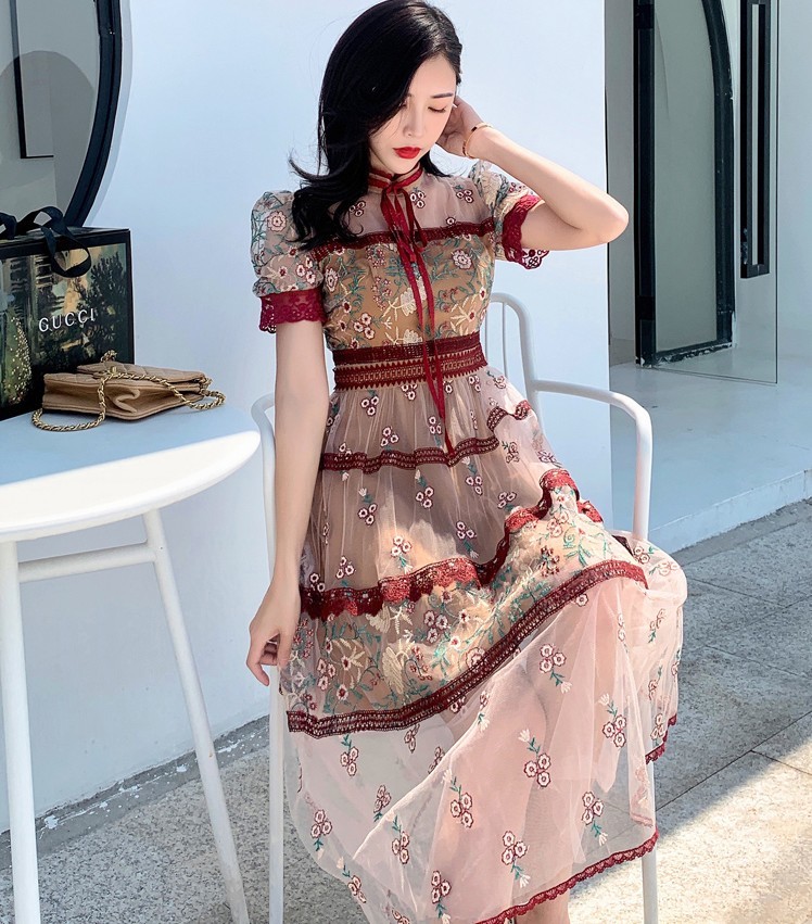 Summer Flower Embroidery Mesh Dress Women Short Sleeve O-Neck Bow Vintage Female High Waist Slim Party Robe Vestidos 210519