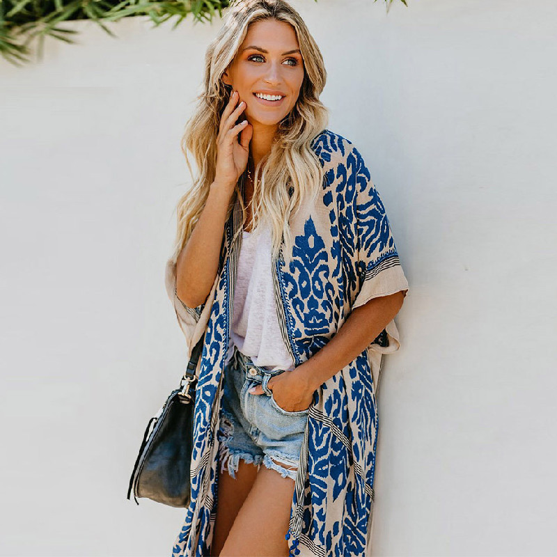 Boho Bikini Cover-ups Bohemian Printed Plus Size Kimono Cardigan Cotton Tunic Women Beach Wear Bathing Suit Cover Up A367 210420