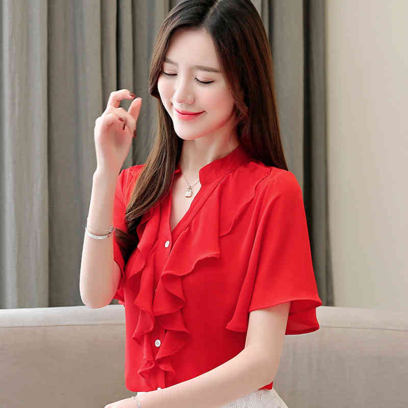 blusas mujer de moda women blouses short sleeve V-neck white chiffon blouse shirts s tops and 3780 50 210508