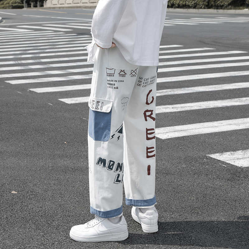 Straight Denim Jeans Men Graphic Printed Jeans Streetwear Jeans Man Wildleg Pants Hip Hop Korean Harajuku Fashion Pants 210930