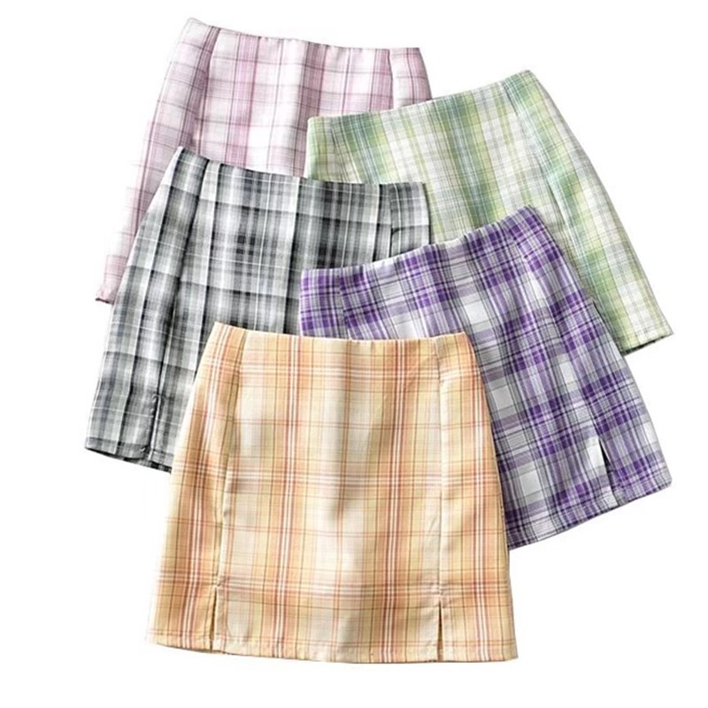 Summer Women Front Split Plaid Mini Skirt with Under Shorts Vintage Double Slit Package Hips Gingham Short Skirts 210429