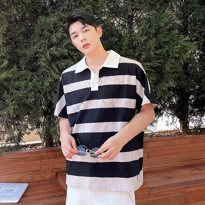 IEFB Summer Polo Shirt For Men Personalized Burr Stripe Polo Pullover Short Sleeve Tee Tops Oversized Clothing 9Y7551 210524
