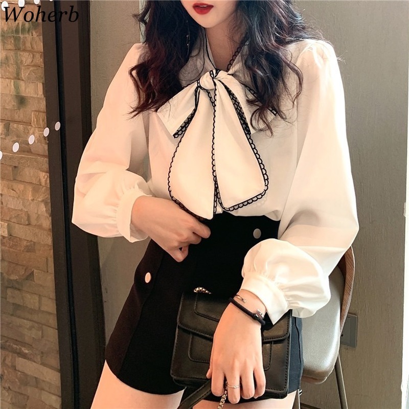 Women Long Sleeve Shirts White Blouses Vintage Korean Spring Sweet Bow Loose Ladies Blouse Office Lady 92066 210519